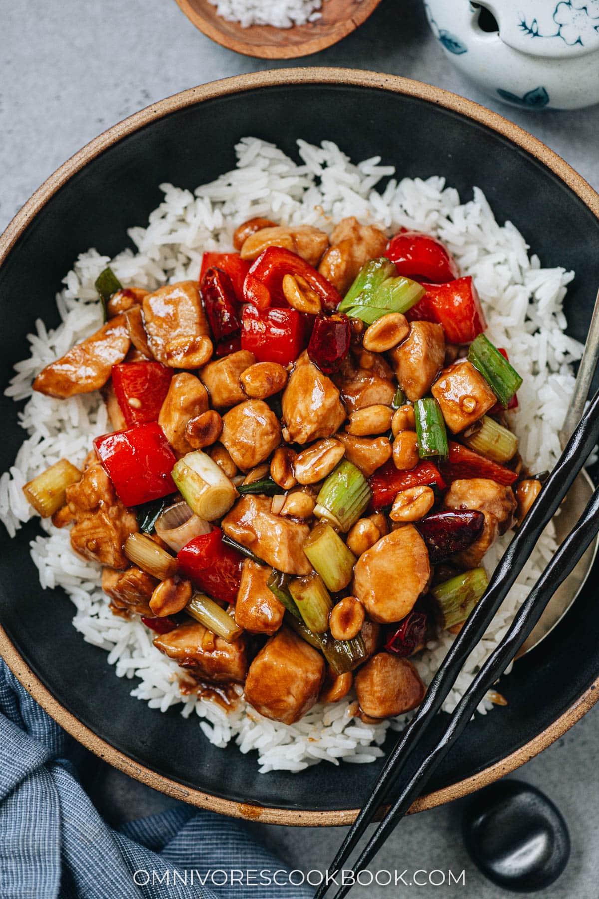 Kung pao chicken over rice close up