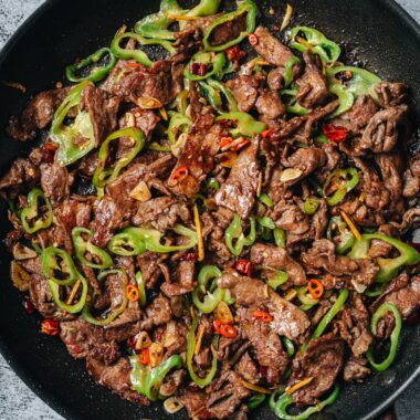 Hunan beef in a skillet