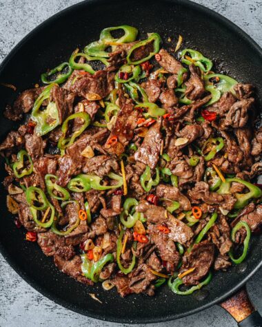 Hunan beef in a skillet