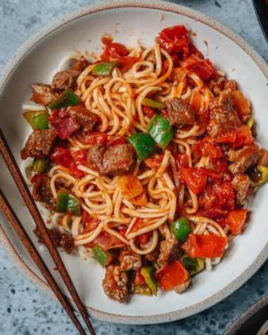Xinjiang laghman served in a bowl