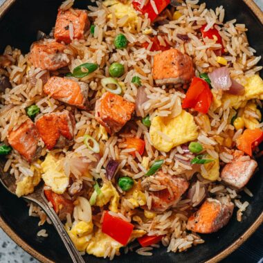 Homemade salmon fried rice close up