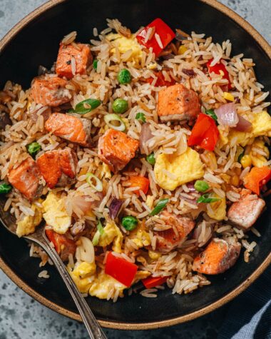 Homemade salmon fried rice close up