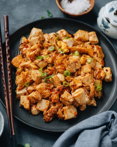 Egg and tofu stir fry served in a plate