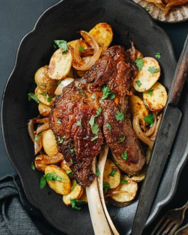 Roast lamb shank close up