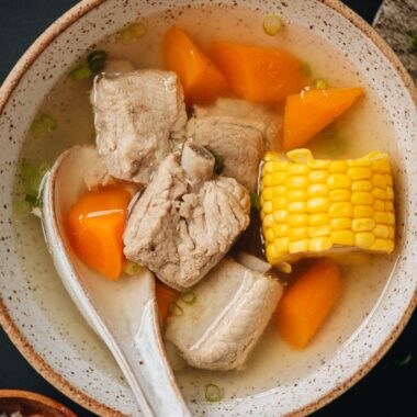 Pork and corn soup close up