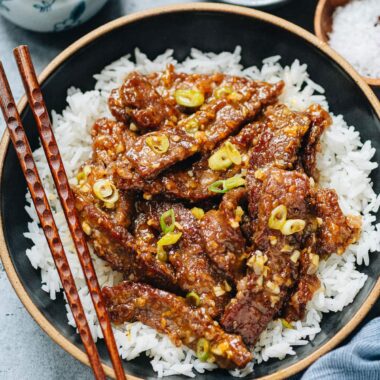 Homemade orange beef over rice