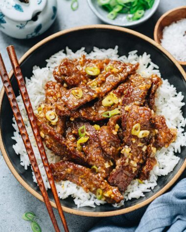 Homemade orange beef over rice