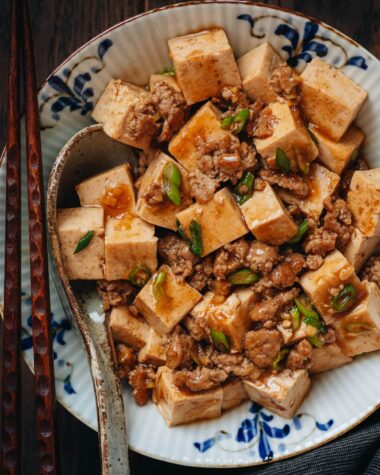 Tofu with minced pork close up