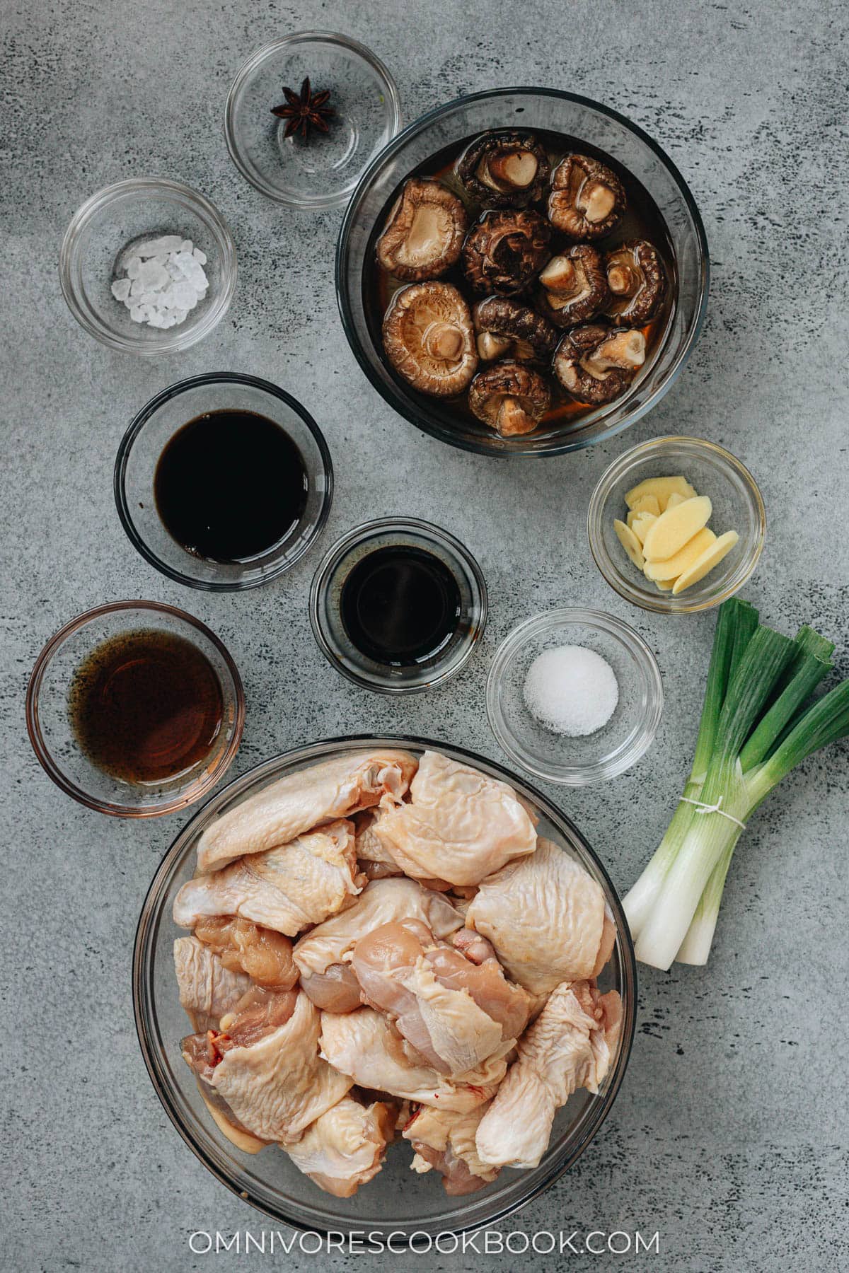 Ingredients for Chinese braised chicken with mushroom