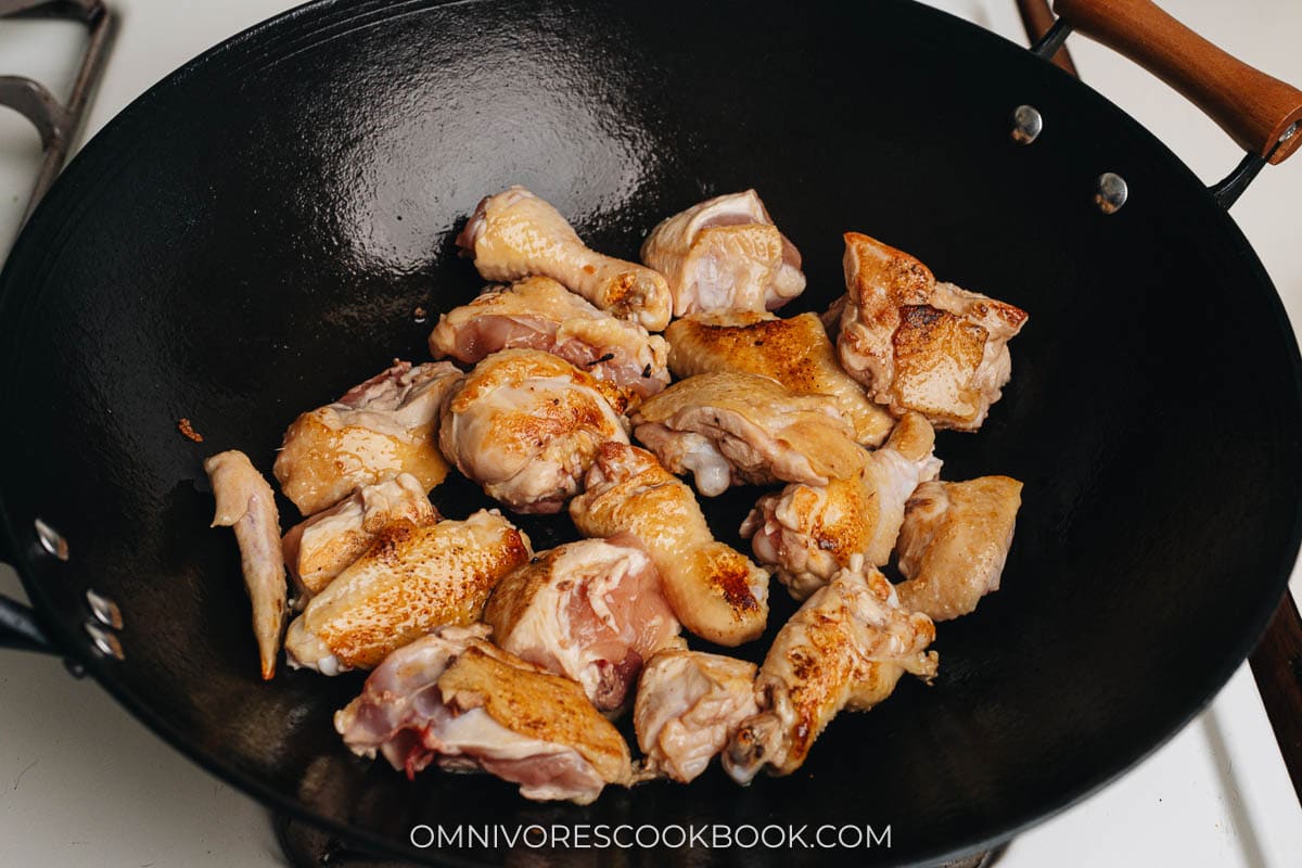 Browning chicken in a wok