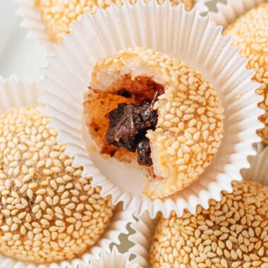 Opened sesame ball filled with red bean filling
