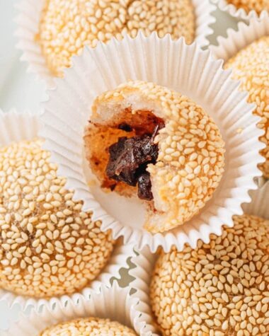Opened sesame ball filled with red bean filling