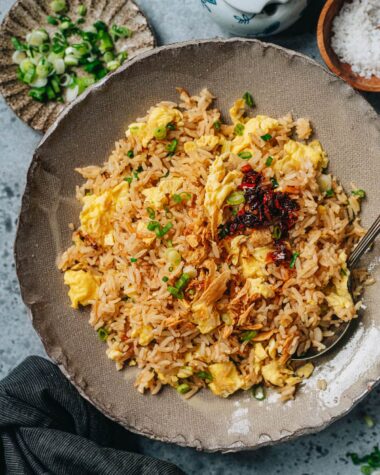 Garlic fried rice served with chili crisp in a bowl