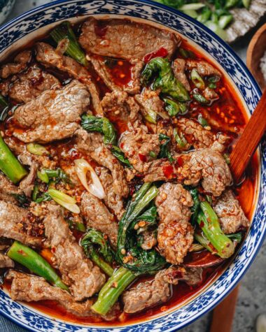 Homemade Sichuan boiled beef close up