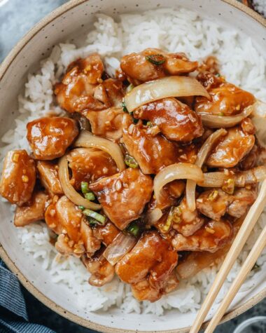 Bourbon chicken over rice