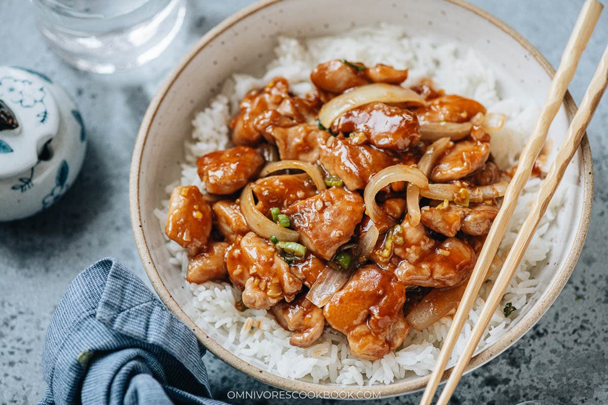 Homemade bourbon chicken served over rice