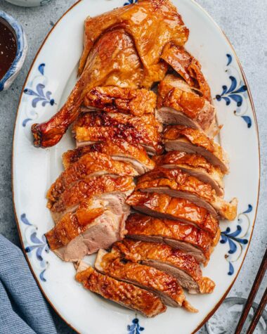 Cantonese style roast duck on a platter