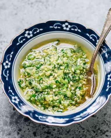 Homemade ginger scallion sauce close up