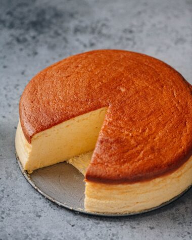 Japanese cheesecake with one slice removed