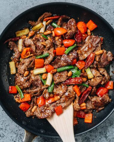 Kung pao beef in a pan