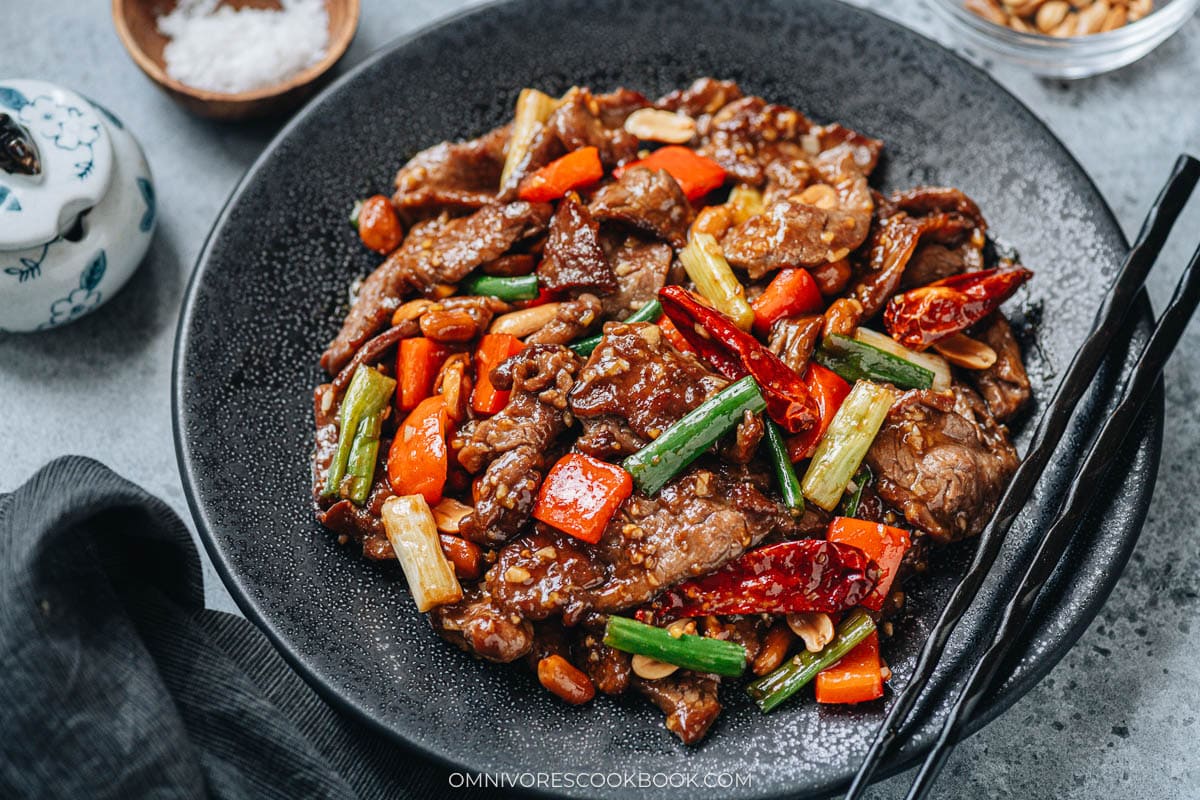 Homemade kung pao beef served in a plate