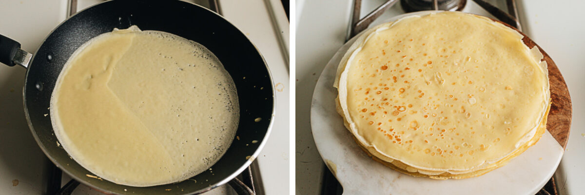Cooking crepe for the crepe cake