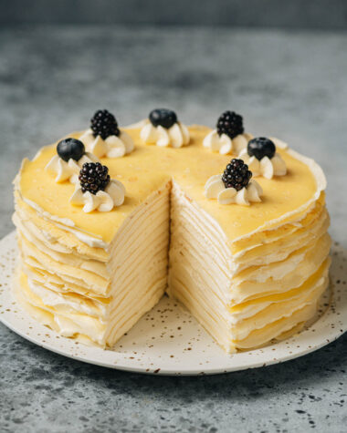 Crepe cake with a slice removed
