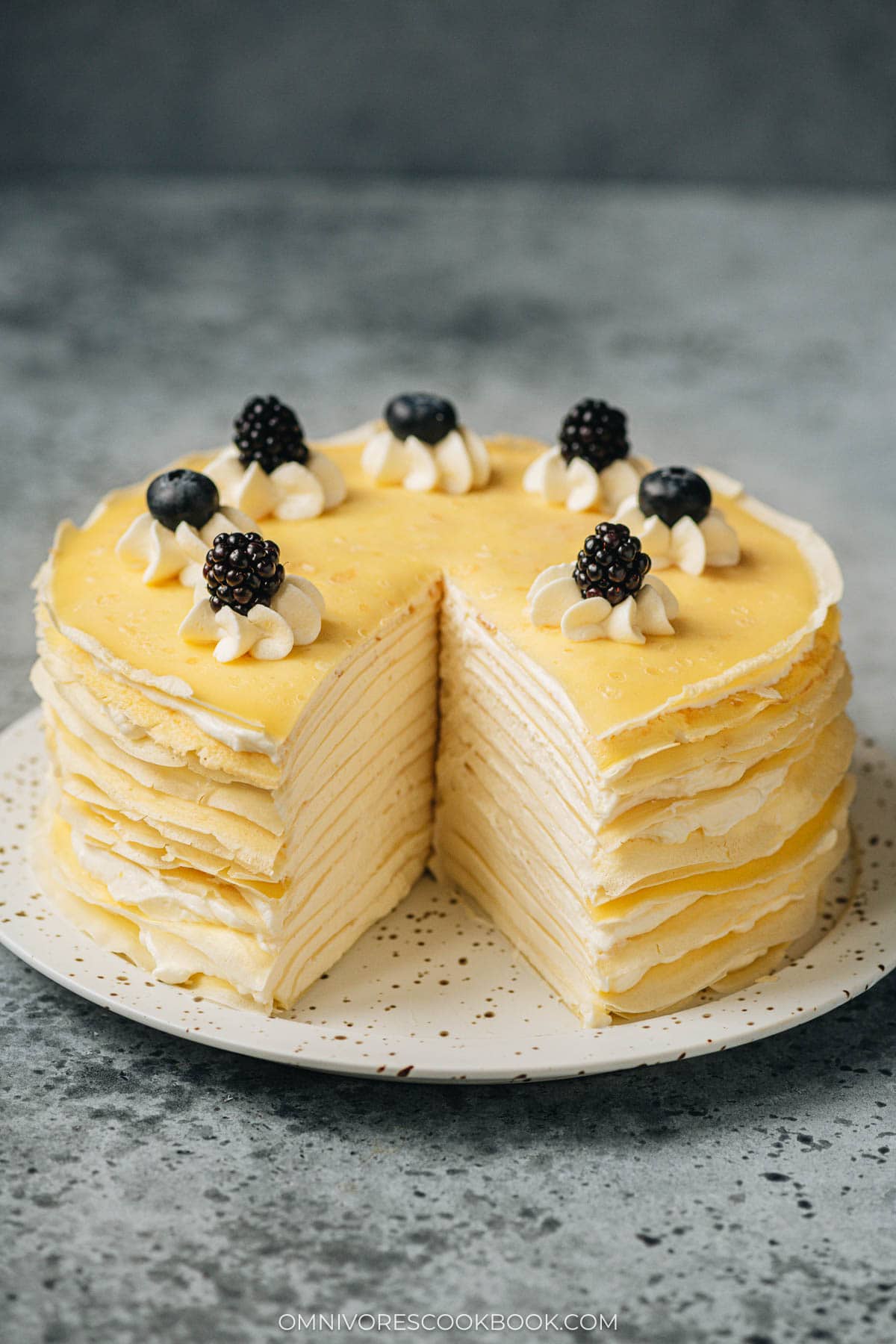 Crepe cake with a slice removed