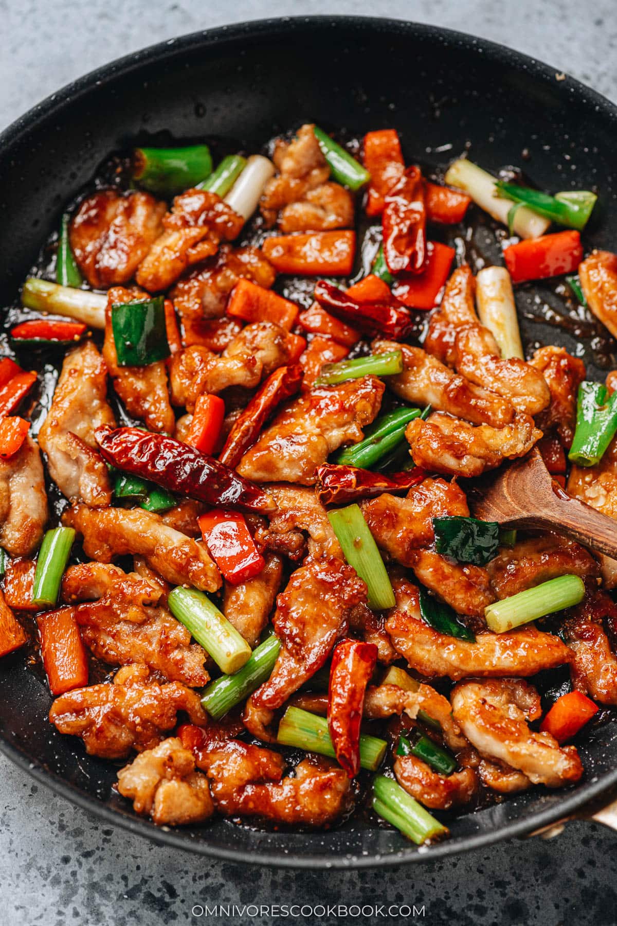 Homemade Mongolian chicken in a pan close up