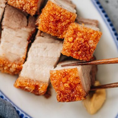 Air fryer siu yuk close up