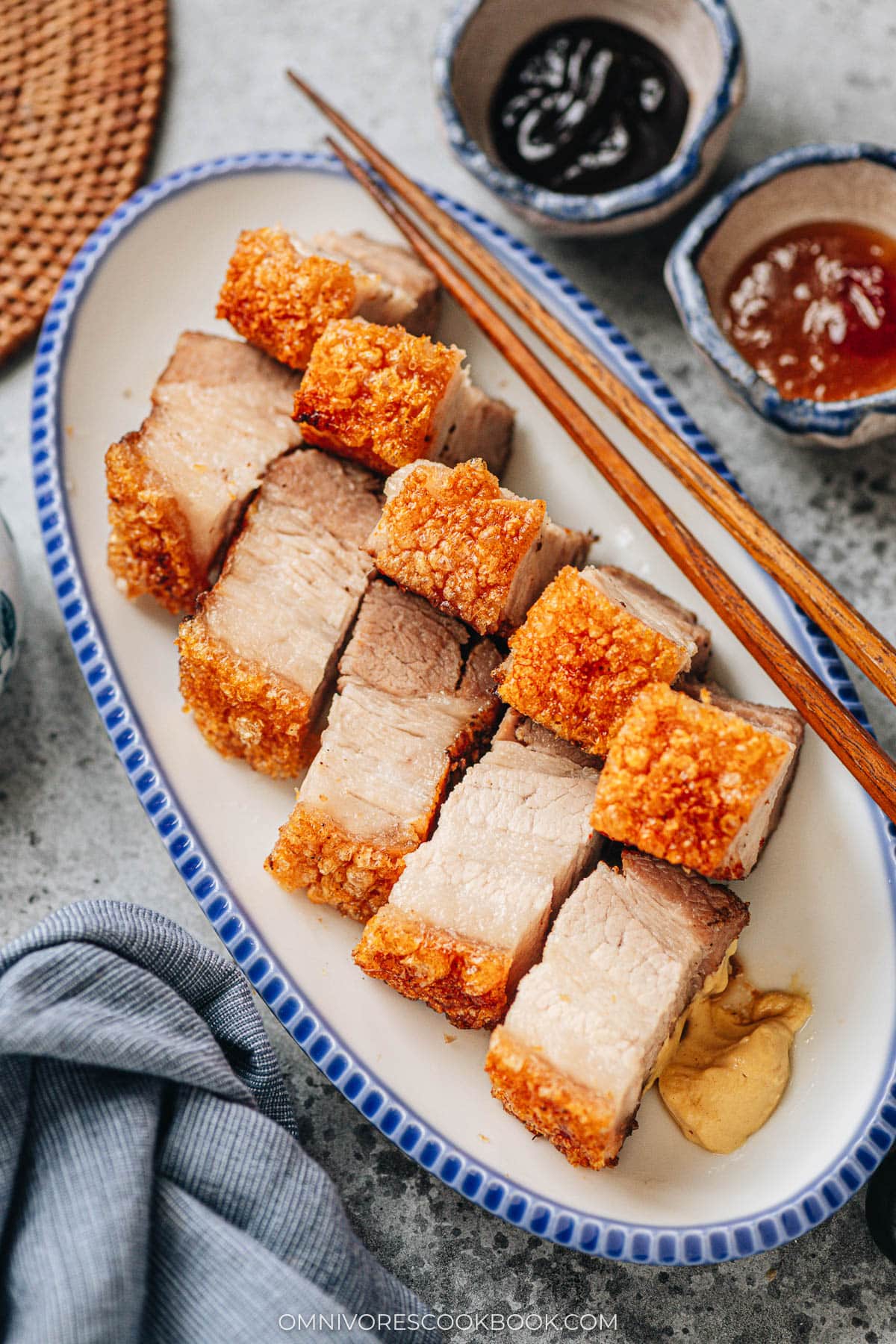 Homemade air fryer siu yuk served in a plate