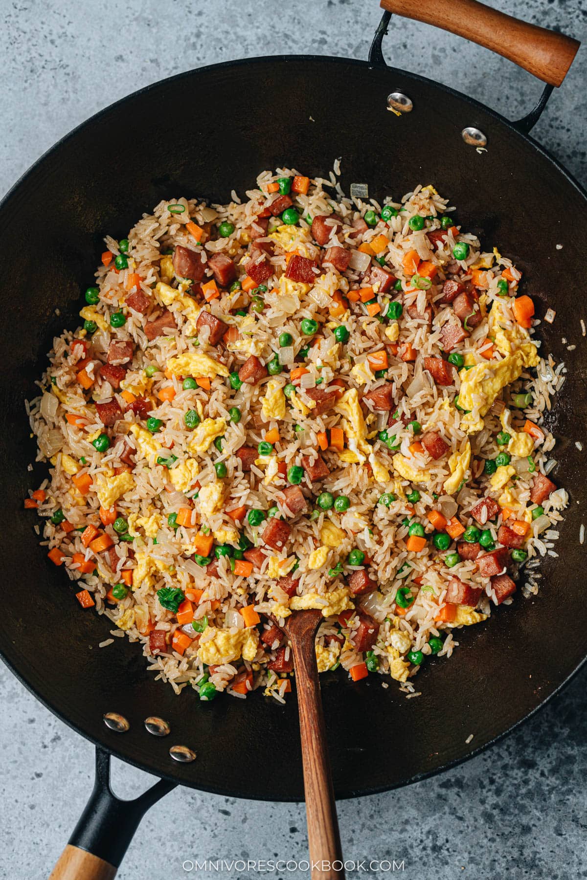 Spam fried rice in a wok