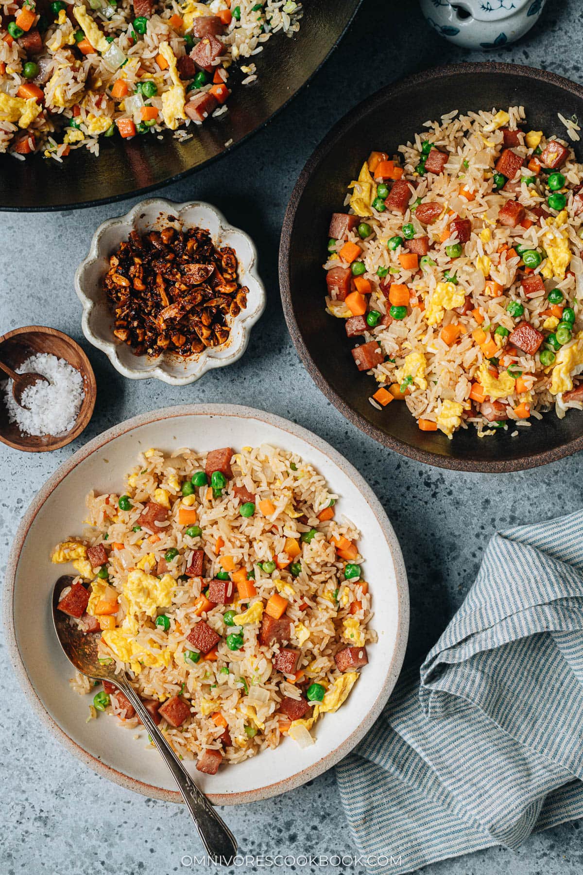 Spam fried rice served in bowls