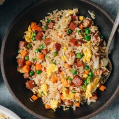 An easy spam fried rice recipe that has crisp, colorful vegetables, and tender eggs stir fried together with savory Spam. It’s an easy one-pot meal that’s comforting and satisfying. {Gluten-Free Adaptable}