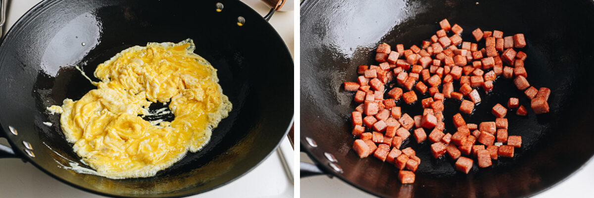 Cook the eggs and brown the Spam