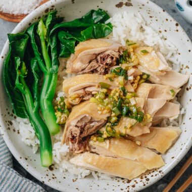 White cut chicken served over rice with ginger scallion sauce
