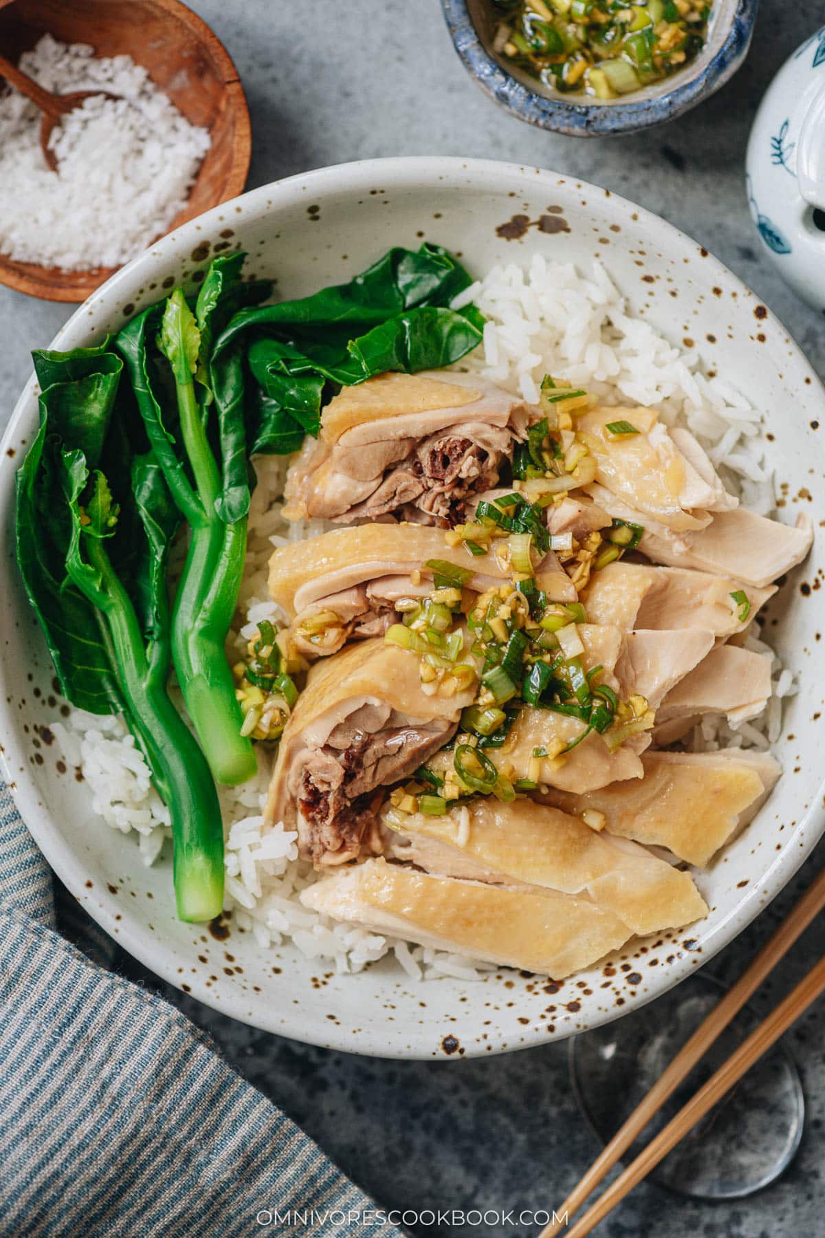 White cut chicken served over rice with ginger scallion sauce