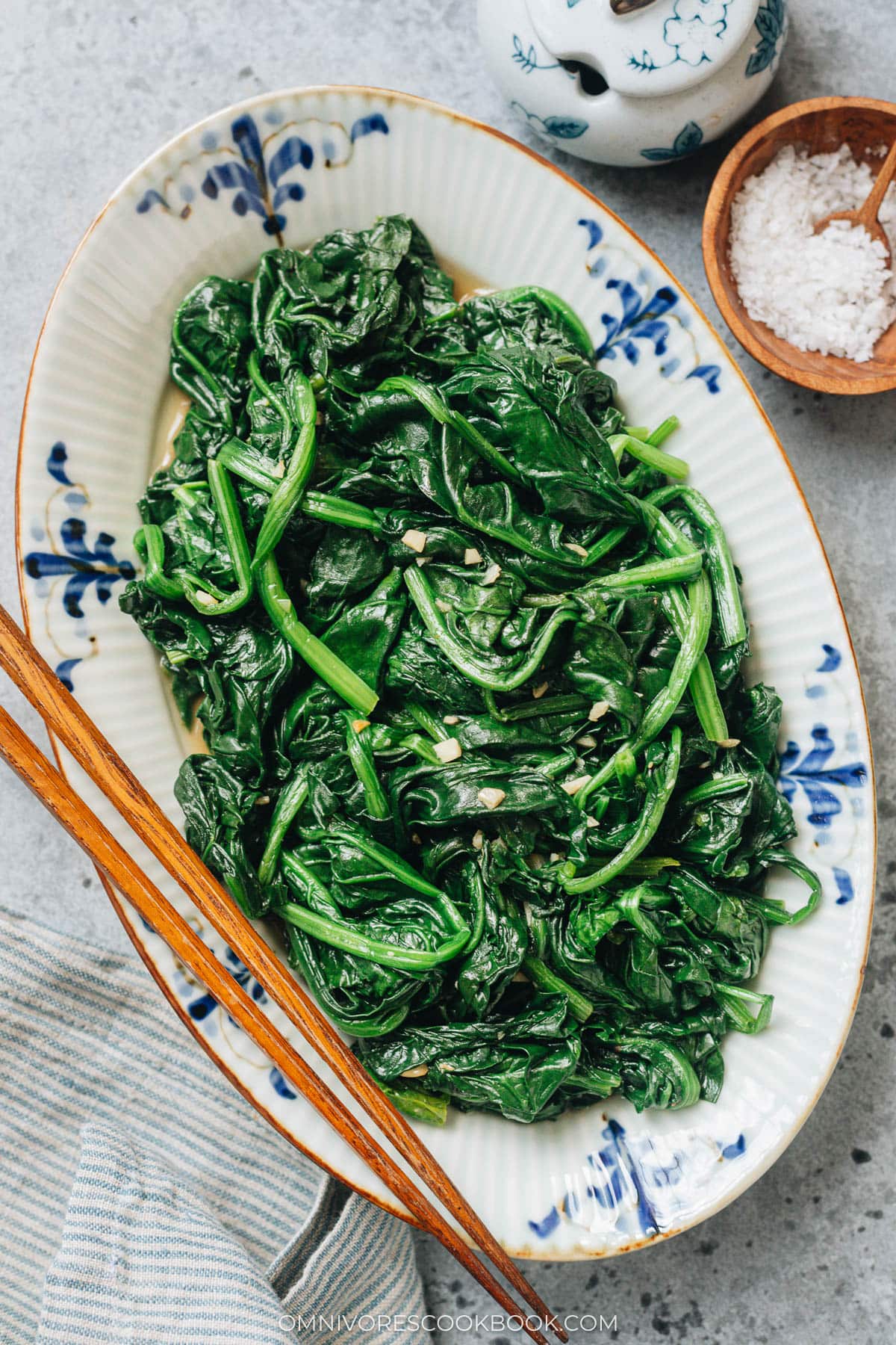 Homemade spinach stir fry served on a plate