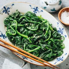 A quick and easy spinach stir fry that is perfect to serve alongside any main dish. Learn this one trick to get the best texture and flavor for stir fried spinach. {Gluten-Free Adaptable, Vegetarian Adaptable}