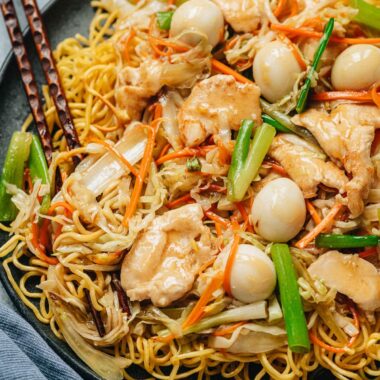 Chicken pan fried noodles close up